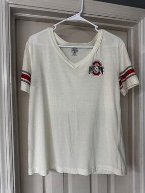 Rivalry Threads Women's Ohio State Cream V-Neck Tee with Red & Gray Stripes